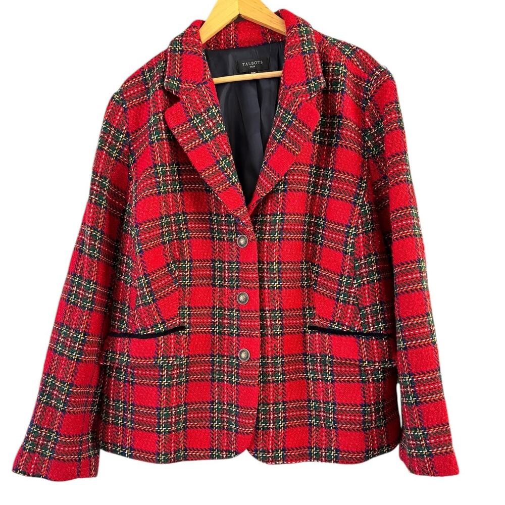 Talbots Red Green Plaid Wool Blend Blazer Jacket Size 22W